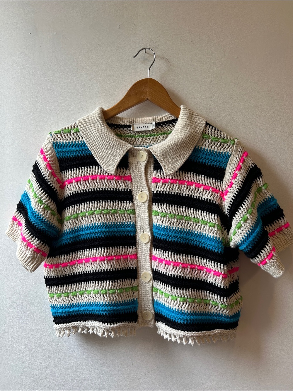 Sandro Cropped Multicolor Striped Crochet Button Cardigan
